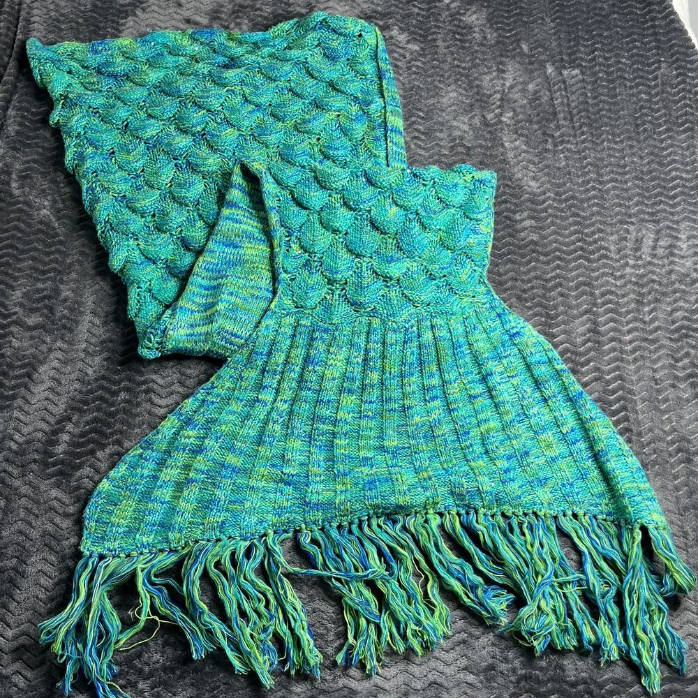 Knit Blanket Mermaid Tail Green Blue Sequins Crochet Knitted